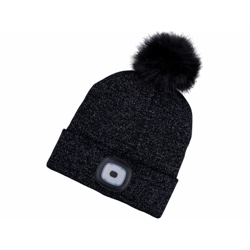 Extol - USB-Rechargeable Headlamp Beanie, 300 mAh, Black with Pom-Pom, One Size