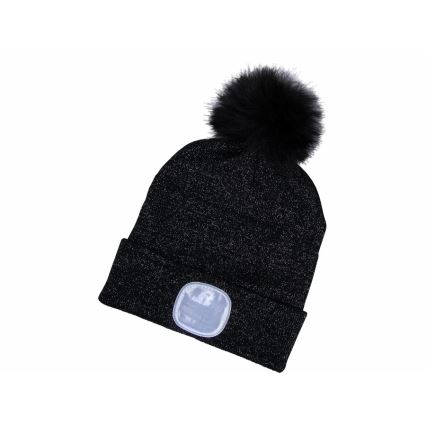 Extol - USB-Rechargeable Headlamp Beanie, 300 mAh, Black with Pom-Pom, One Size