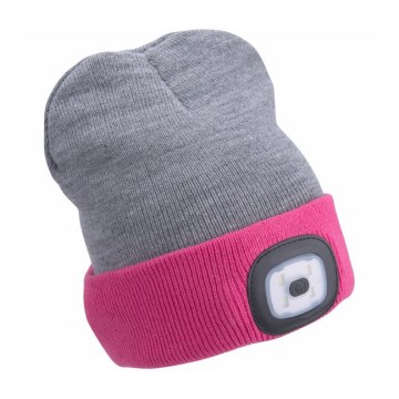 Extol - USB-Rechargeable Headlamp Beanie, 300 mAh, Grey/Pink, One Size