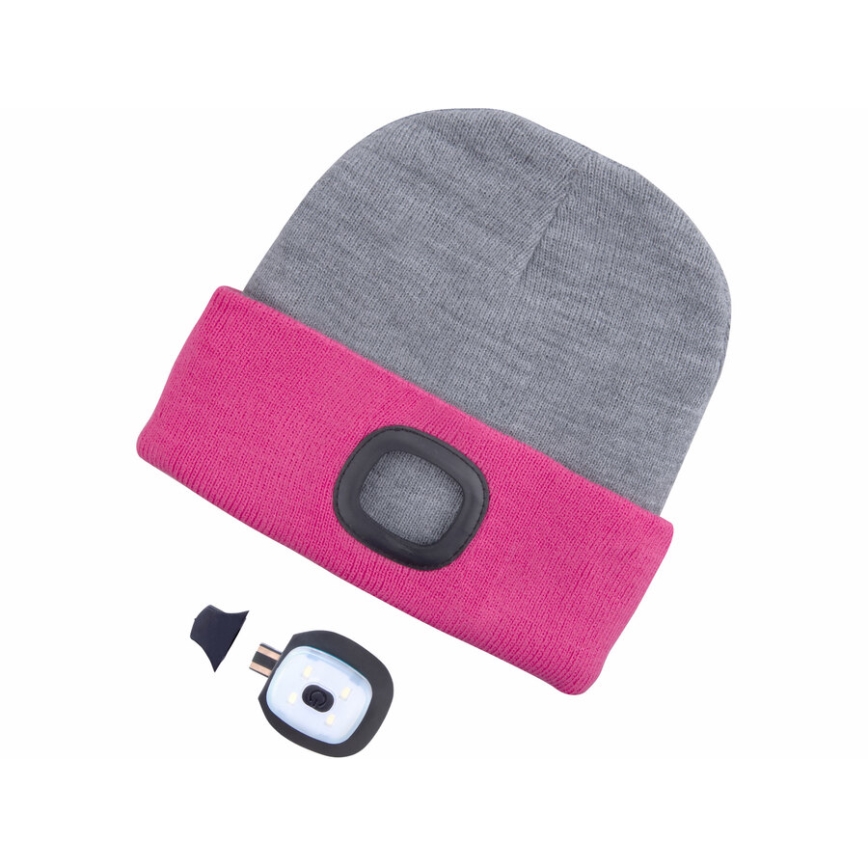 Extol - USB-Rechargeable Headlamp Beanie, 300 mAh, Grey/Pink, One Size