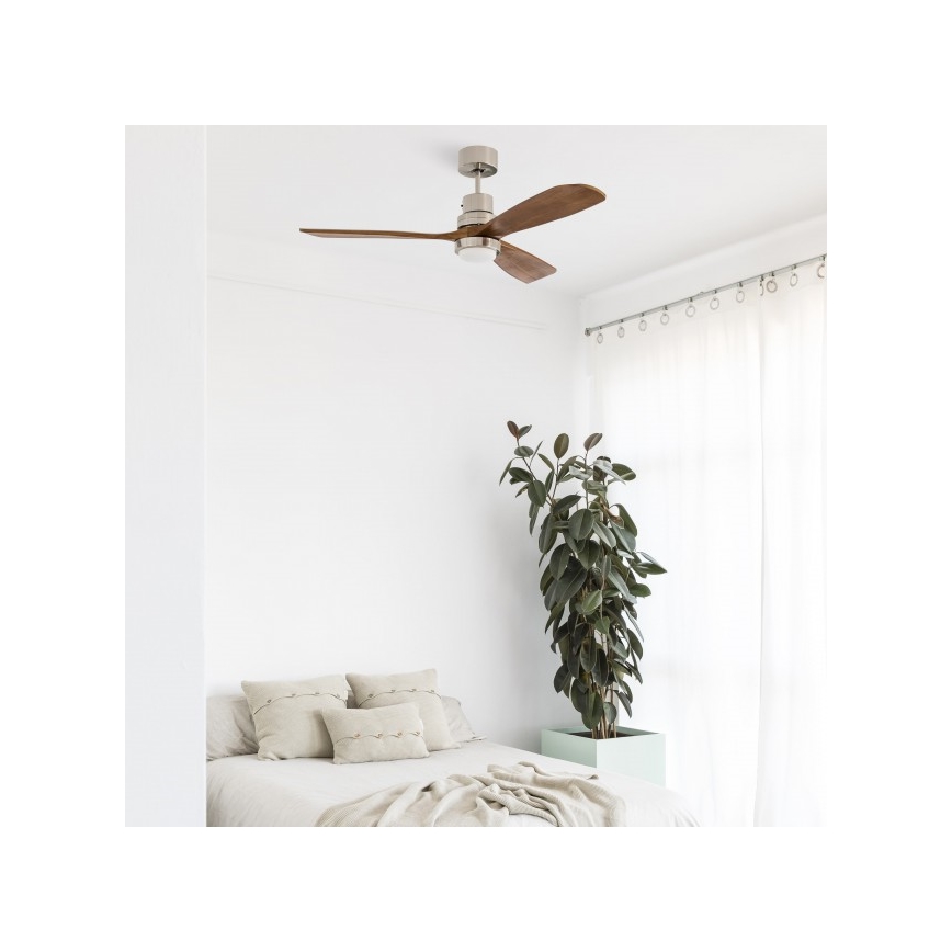 FARO 33518DC - LANTAU LED Ceiling Fan, 15W LED, 230V, Ø 132 cm, matte chrome/wood finish + remote control