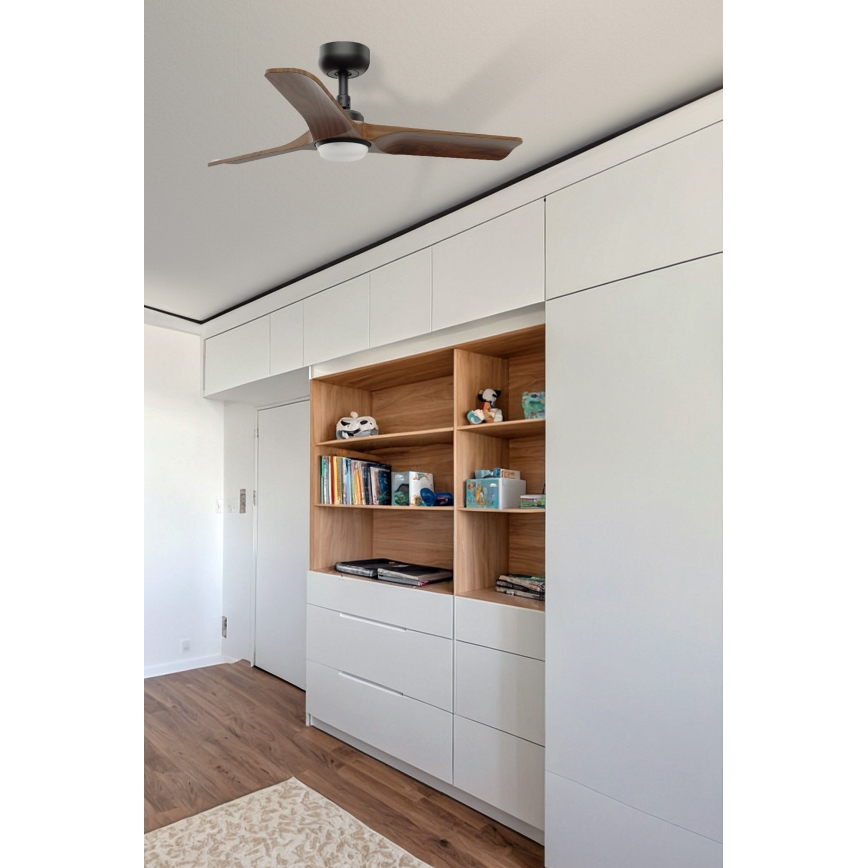 FARO 33806WT1S - HEYWOOD S LED Dimmable Ceiling Fan with LED 10W/230V, 2700/3000/4000K, Ø 90 cm, Wood/Black, Wi-Fi Tuya + Remote Control