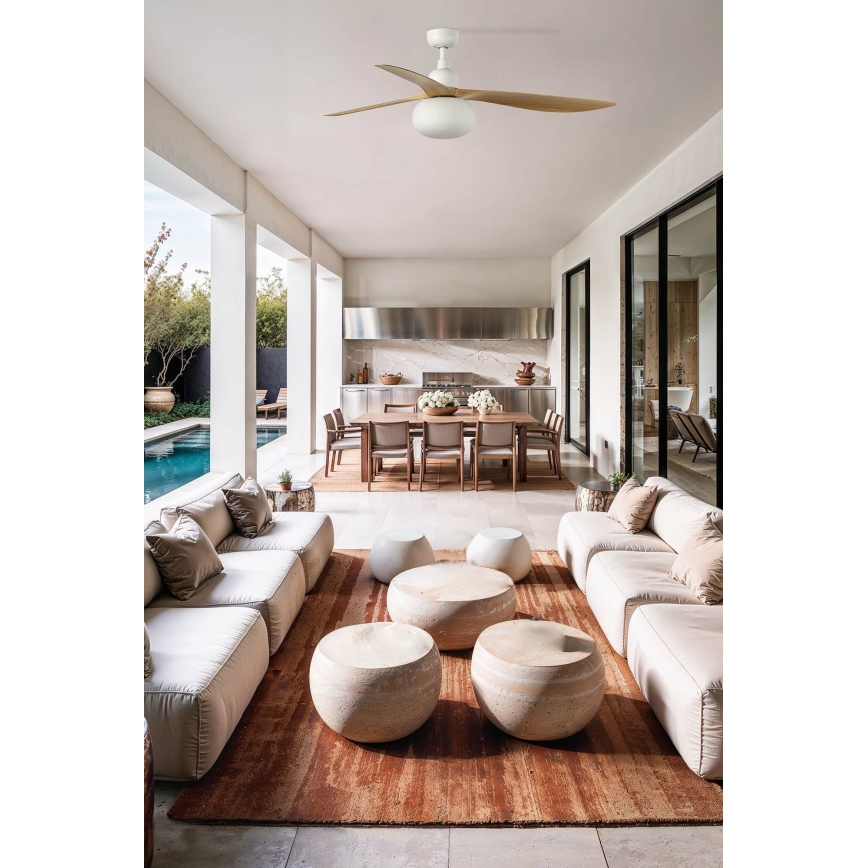 FARO 34361WT-11L - Ceiling fan OUTWOOD L 1xE27/15W/230V brown/white d. 150 cm Wi-Fi Tuya IP44 + remote control