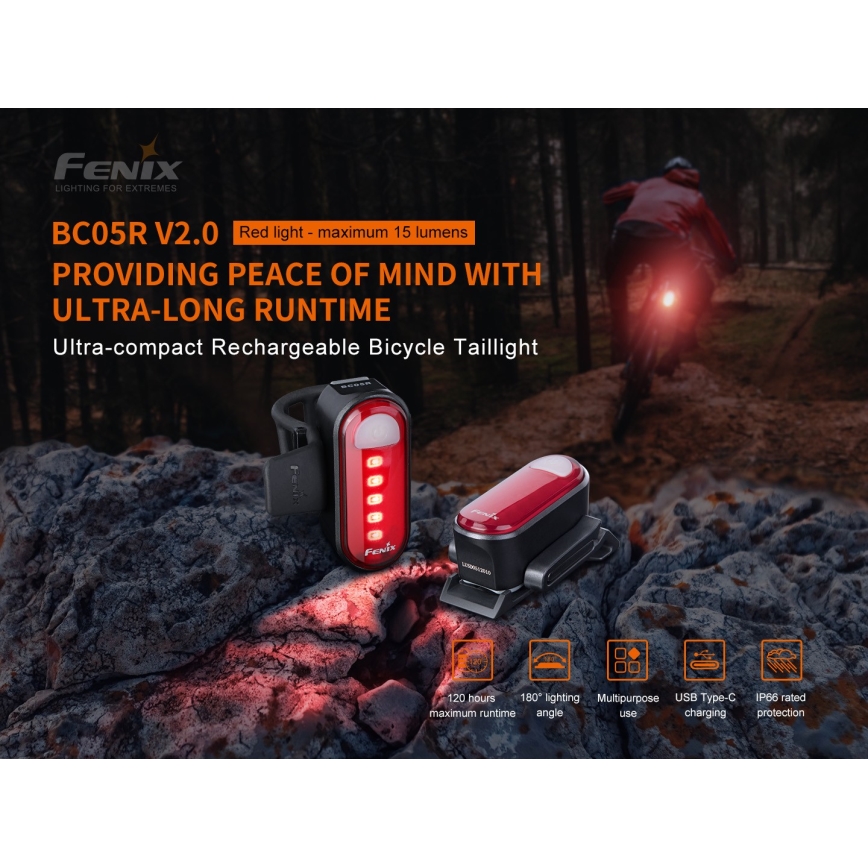 Fenix BC05RV20 - LED Rechargeable bicycle flashlight LED/USB IP66 15 lm 120 hrs