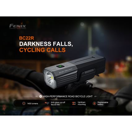 Fenix BC22R - Dimmable Rechargeable Bike Light LED/USB 3400 mAh IP66 1400 lm 41 h Black