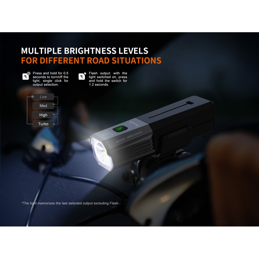 Fenix BC22R - Dimmable Rechargeable Bike Light LED/USB 3400 mAh IP66 1400 lm 41 h Black