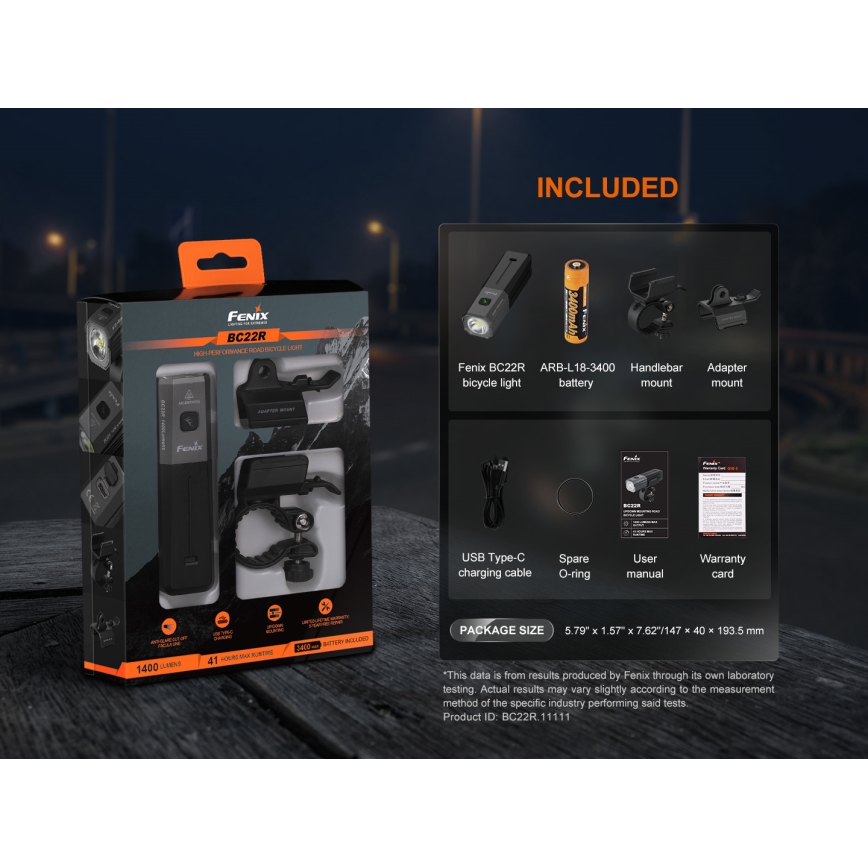 Fenix BC22R - Dimmable Rechargeable Bike Light LED/USB 3400 mAh IP66 1400 lm 41 h Black