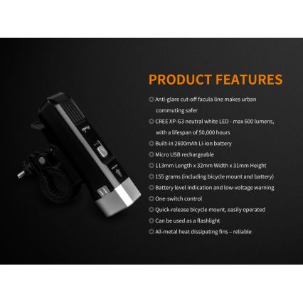 Fenix BC25R - LED Rechargeable bicycle ligh LED/USB IP66 600 lm 36 hrs