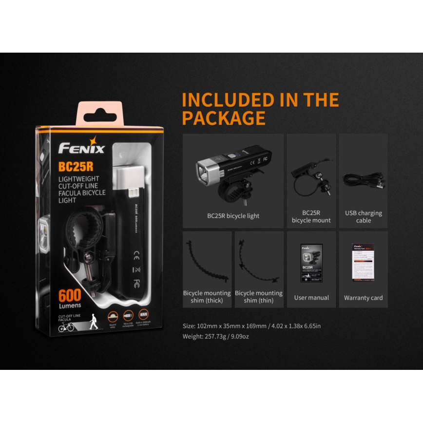 Fenix BC25R - LED Rechargeable bicycle ligh LED/USB IP66 600 lm 36 hrs