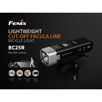Fenix BC25R - LED Rechargeable bicycle ligh LED/USB IP66 600 lm 36 hrs