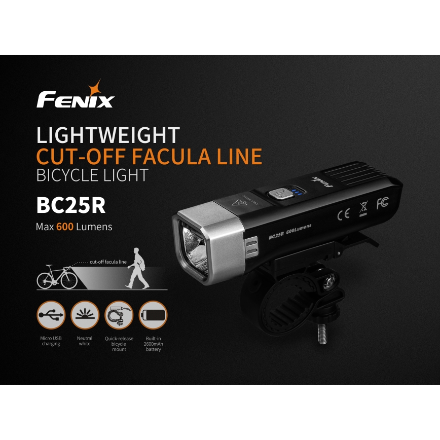 Fenix BC25R - LED Rechargeable bicycle ligh LED/USB IP66 600 lm 36 hrs