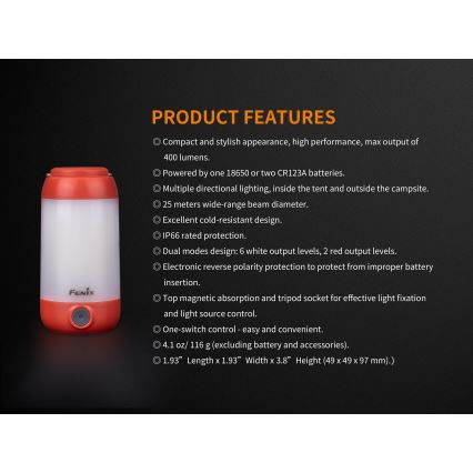 Fenix CL26RRED - LED Dimmable portable rechargeable lamp LED/USB/2xCR123A IP66 400 lm 400 h 2600 mAh orange