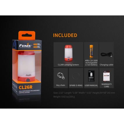 Fenix CL26RRED - LED Dimmable portable rechargeable lamp LED/USB/2xCR123A IP66 400 lm 400 h 2600 mAh orange