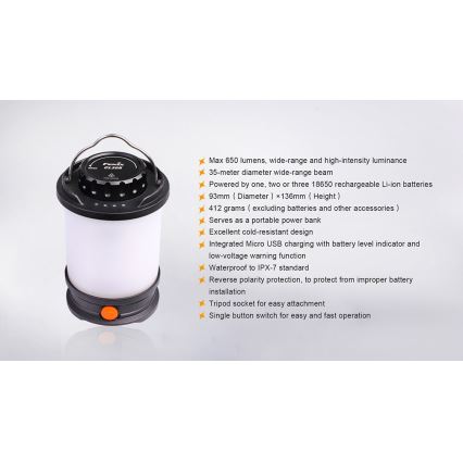 Fenix CL30R - LED Portable rechargeable lamp LED/USB/6xCR123A IPX7 650 lm 300 h 2600 mAh