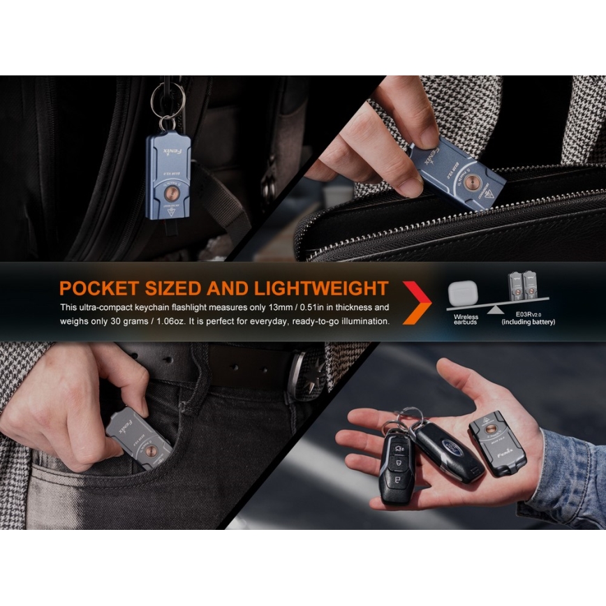 Fenix E03RV20BLU - LED Rechargeable flashlight LED/USB IP66 500 lm 30 h