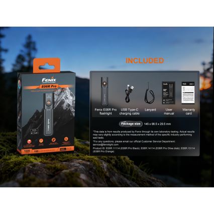 Fenix E06RPROEUBLC - Dimmable LED USB-Rechargeable Flashlight, 1650 mAh, IP66, 1600 lm, 111 h, Black