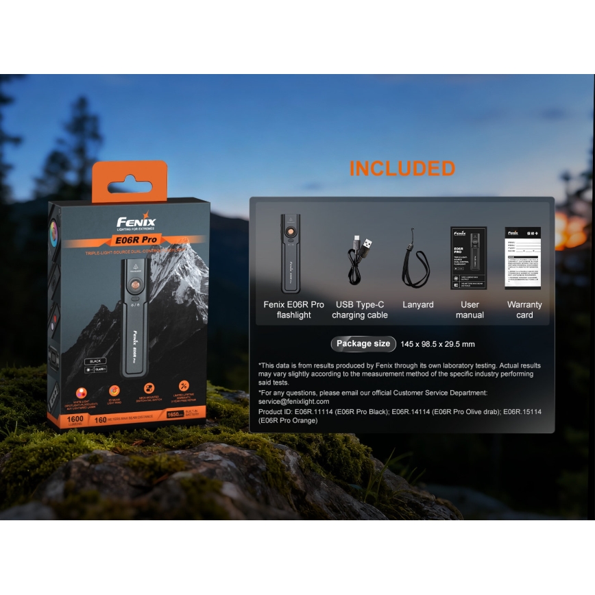 Fenix E06RPROEUBLC - Dimmable LED USB-Rechargeable Flashlight, 1650 mAh, IP66, 1600 lm, 111 h, Black