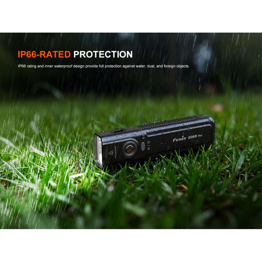 Fenix E06RPROEUBLC - Dimmable LED USB-Rechargeable Flashlight, 1650 mAh, IP66, 1600 lm, 111 h, Black