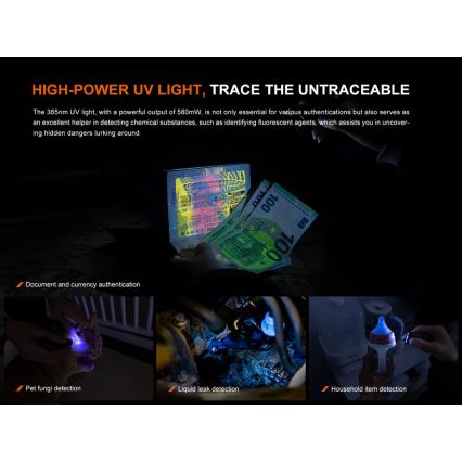 Fenix E06RTKS - LED Dimmable rechargeable flashlight UV LED/USB IP66 700 shiny 60 h turquoise