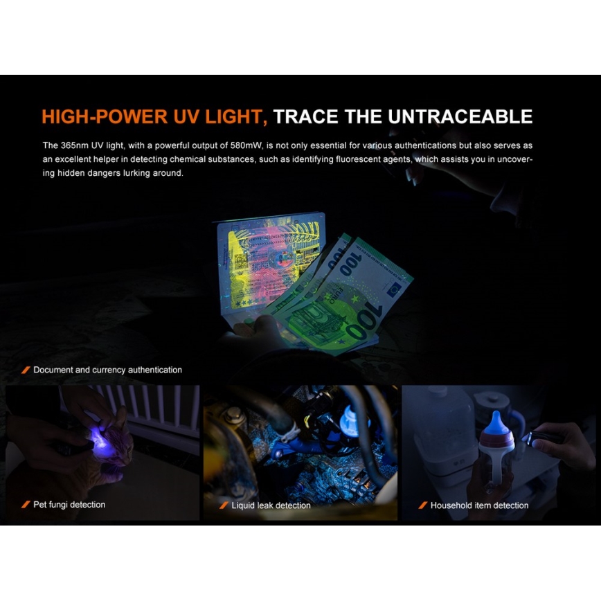 Fenix E06RTKS - LED Dimmable rechargeable flashlight UV LED/USB IP66 700 shiny 60 h turquoise