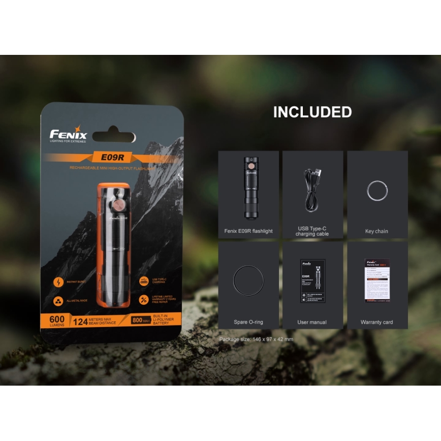 Fenix E09R - LED Rechargeable flashlight LED/USB IP68 600 lm 70 hrs