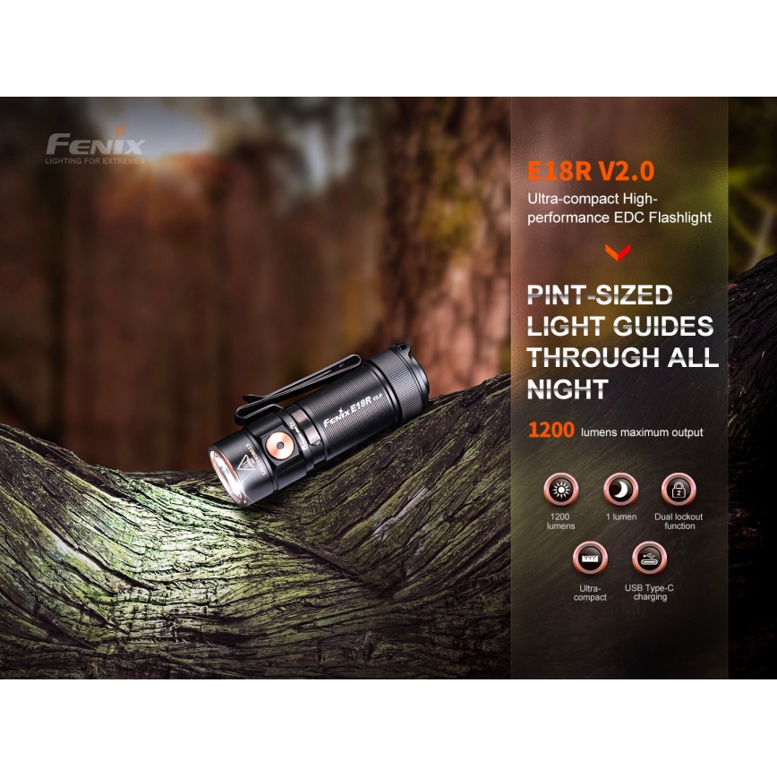 Fenix E18RV20800 - Dimmable USB-rechargeable LED flashlight / 1xCR123A / 800 mAh / IP68 / 1200 lm / 200 h / black