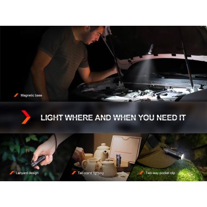 Fenix E18RV20800 - Dimmable USB-rechargeable LED flashlight / 1xCR123A / 800 mAh / IP68 / 1200 lm / 200 h / black