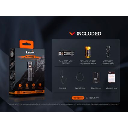 Fenix E18RV20800 - Dimmable USB-rechargeable LED flashlight / 1xCR123A / 800 mAh / IP68 / 1200 lm / 200 h / black
