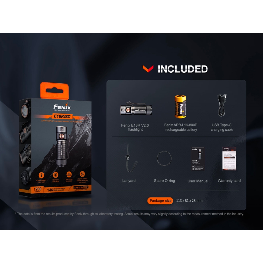 Fenix E18RV20800 - Dimmable USB-rechargeable LED flashlight / 1xCR123A / 800 mAh / IP68 / 1200 lm / 200 h / black