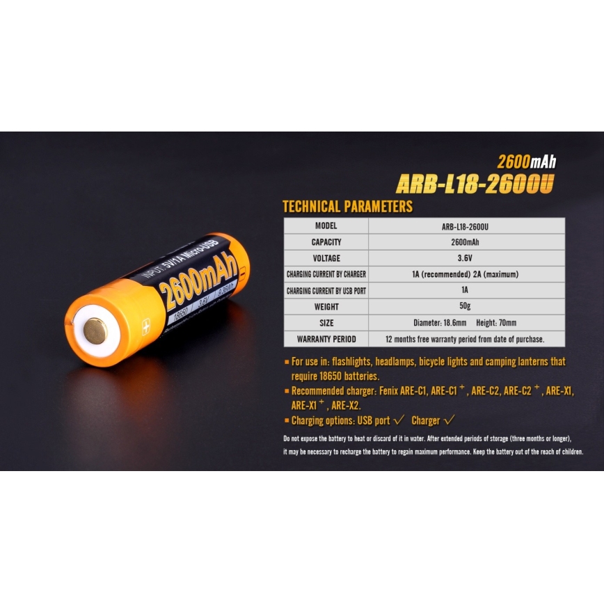 Fenix FE18650LI26USB - 1 pc USB/3.6V 2600 mAh Rechargeable Battery