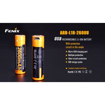 Fenix FE18650LI26USB - 1pc Rechargeable battery USB/3,6V 2600 mAh