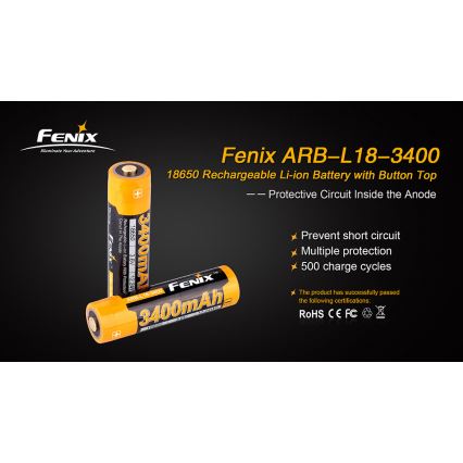 Fenix FE18650LI34 - 1 pc Rechargeable 18650 Battery, 3.6V 3400 mAh