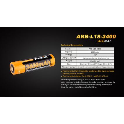 Fenix FE18650LI34 - 1 pc Rechargeable 18650 Battery, 3.6V 3400 mAh