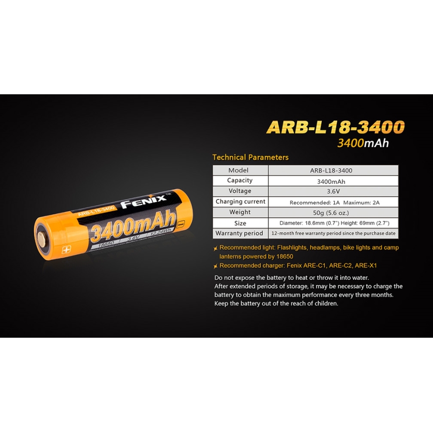 Fenix FE18650LI34 - 1 pc Rechargeable 18650 Battery, 3.6V 3400 mAh