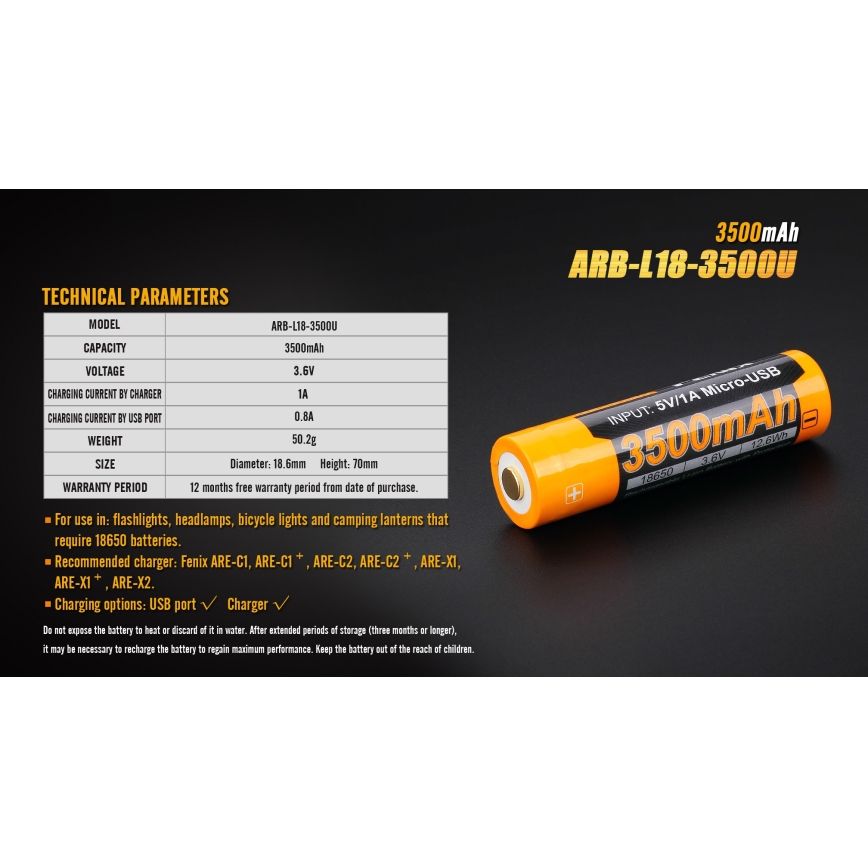Fenix FE18650LI35USB - 1pc Rechargeable battery USB/3,6V 3500 mAh