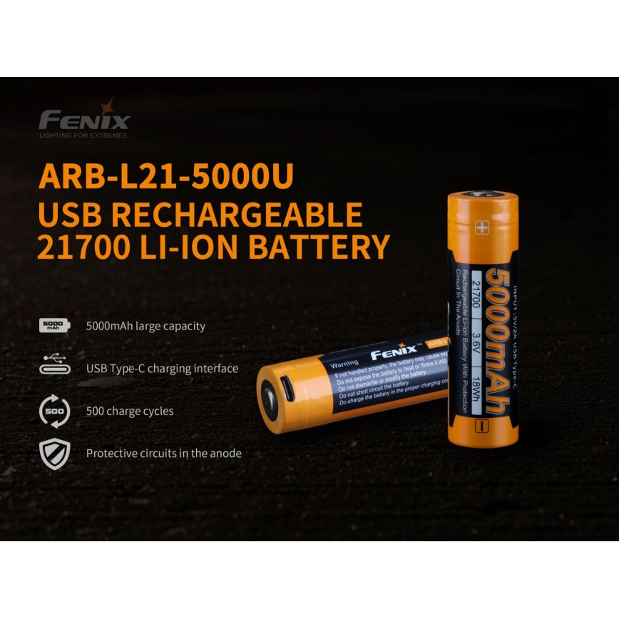 Fenix FE21700USB - 1 pc USB-rechargeable battery, 3.6 V, 5000 mAh