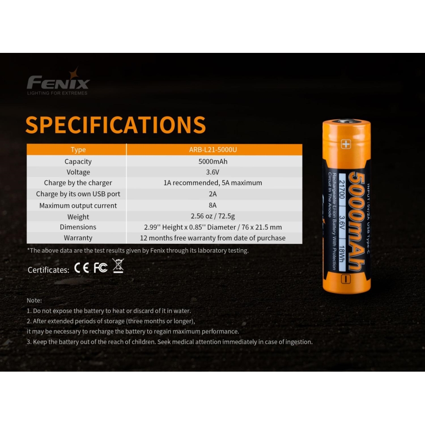 Fenix FE21700USB - 1 pc USB-rechargeable battery, 3.6 V, 5000 mAh
