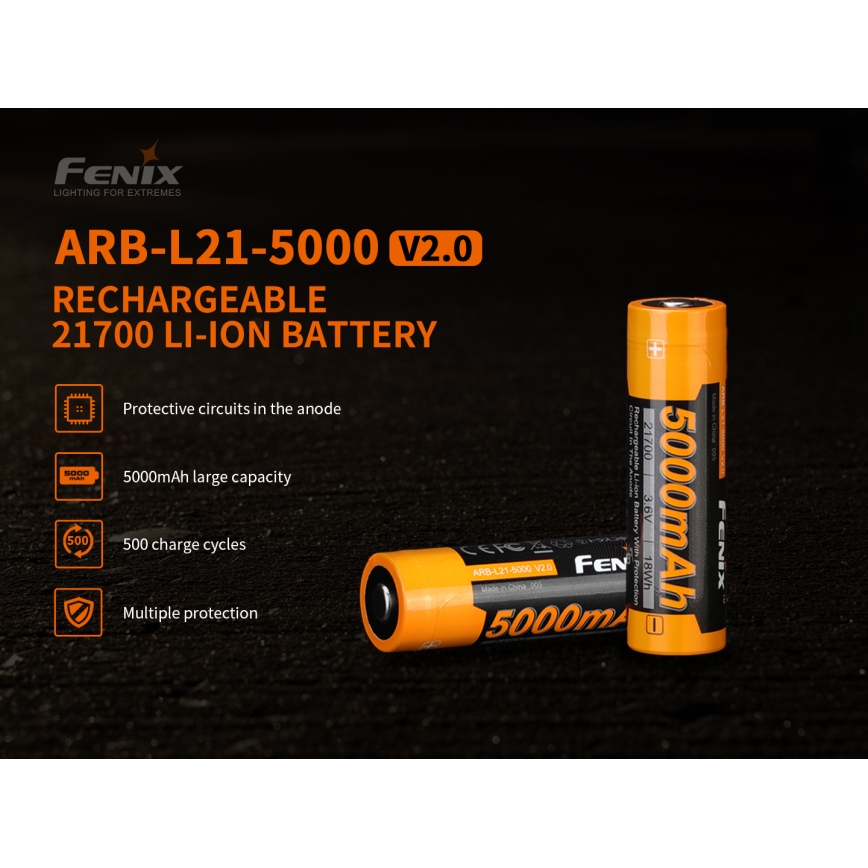 Fenix FE21700V20 - 1 pc Rechargeable 21700 Battery, 3.6 V, 5000 mAh