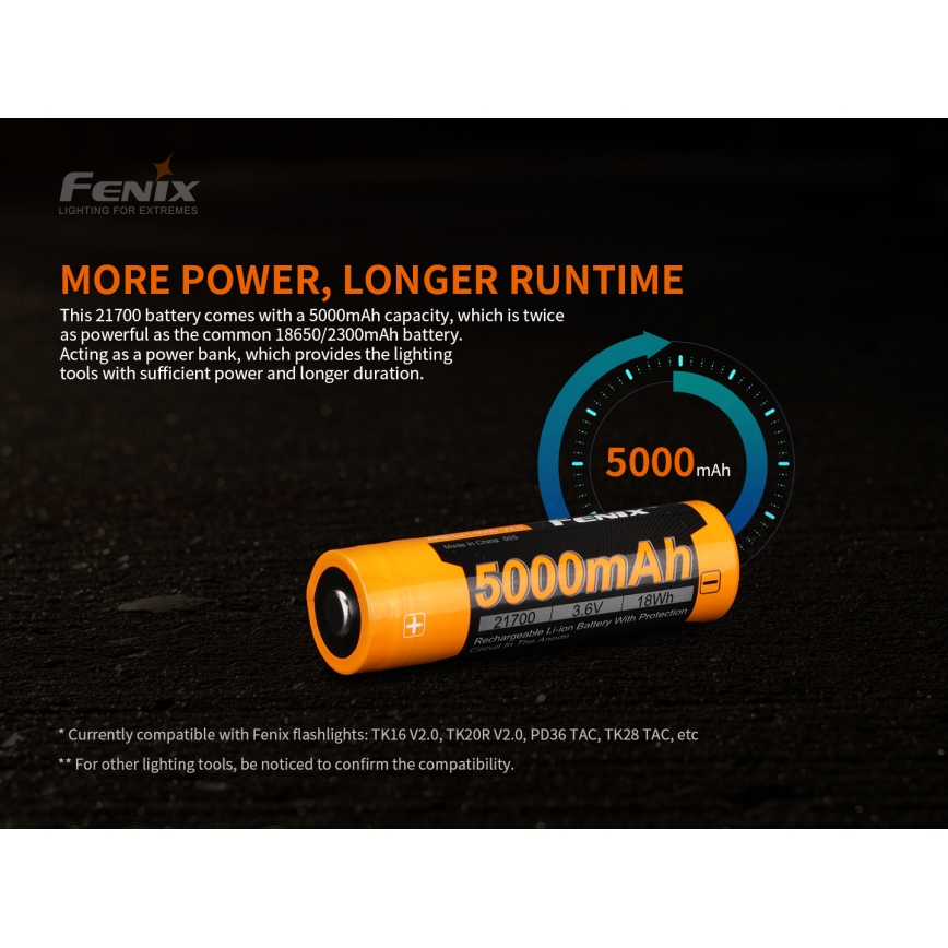 Fenix FE21700V20 - 1 pc Rechargeable 21700 Battery, 3.6 V, 5000 mAh