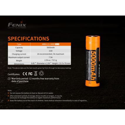 Fenix FE21700V20 - 1 pc Rechargeable 21700 Battery, 3.6 V, 5000 mAh