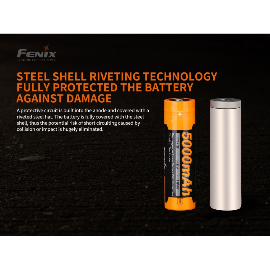 Fenix FE21700V20 - 1 pc Rechargeable 21700 Battery, 3.6V, 5000 mAh