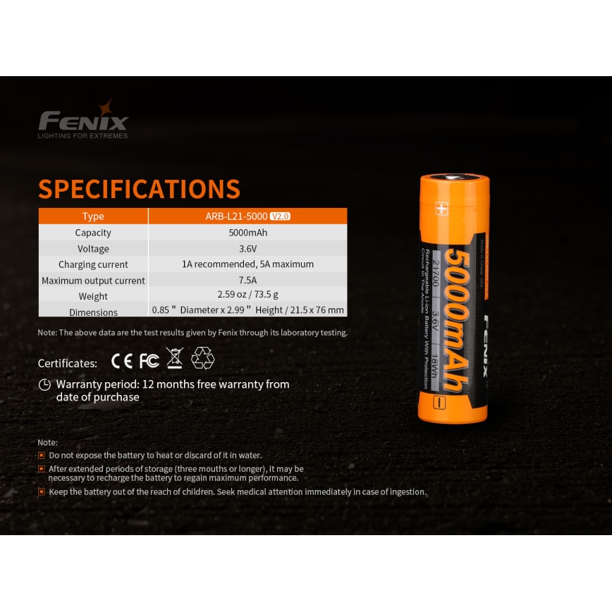 Fenix FE21700V20 - 1 pc Rechargeable 21700 Battery, 3.6V, 5000 mAh