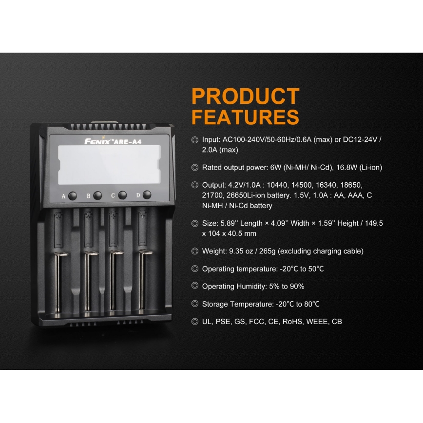 Fenix FENAREA4 - Battery charger 4xLi-ion/AAA/AA/C 5V