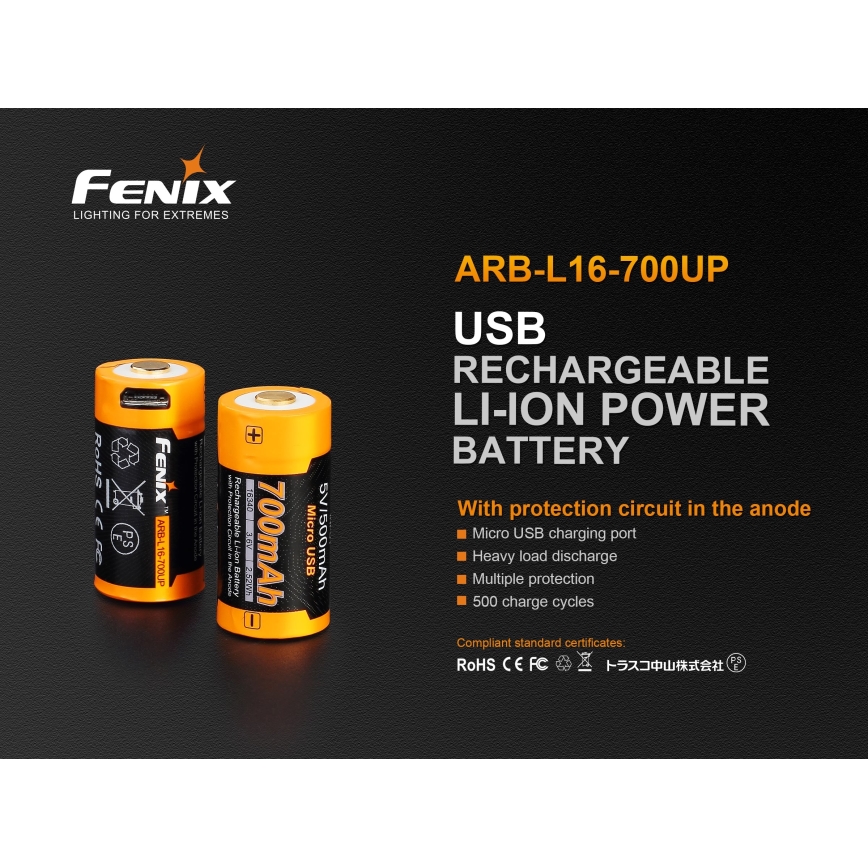 Fenix FERCR123ALIIONUP - 1 pc Rechargeable battery USB/3,6V 700 mAh