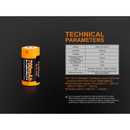 Fenix FERCR123ALIIONUP - 1pc Rechargeable battery USB/3,6V 700 mAh