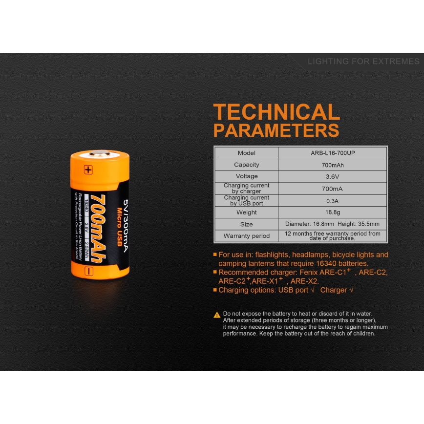 Fenix FERCR123ALIIONUP - 1pc Rechargeable battery USB/3,6V 700 mAh