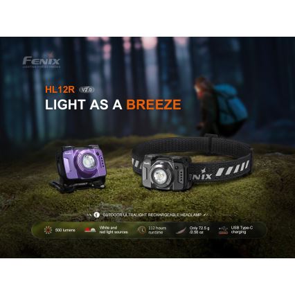 Fenix HL12RV20BLC - Dimmable USB-rechargeable LED headlamp, 950 mAh, IP66, 500 lm, 112 h runtime, black
