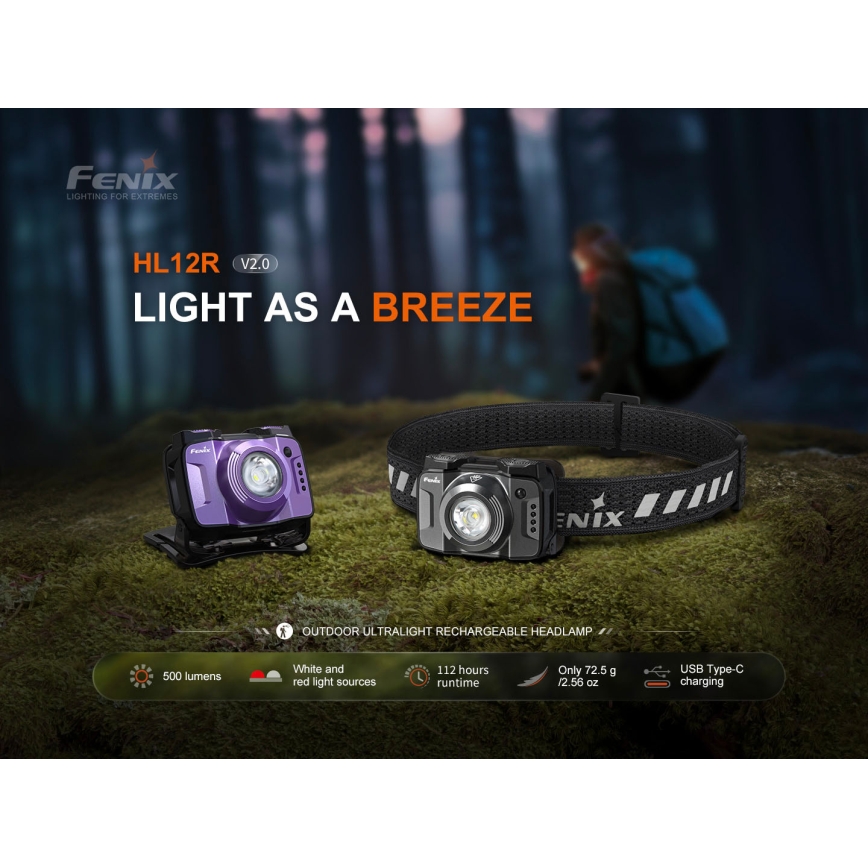 Fenix HL12RV20BLC - Dimmable USB-rechargeable LED headlamp, 950 mAh, IP66, 500 lm, 112 h runtime, black