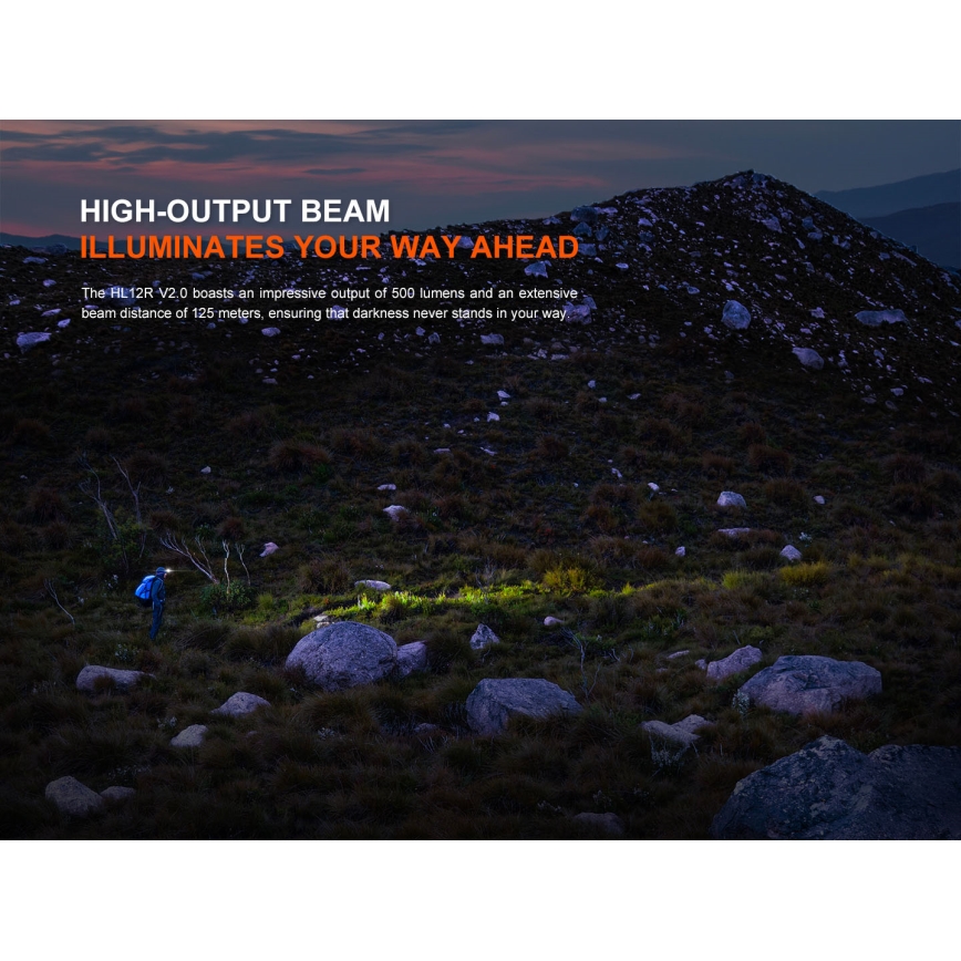 Fenix HL12RV20BLC - Dimmable USB-rechargeable LED headlamp, 950 mAh, IP66, 500 lm, 112 h runtime, black