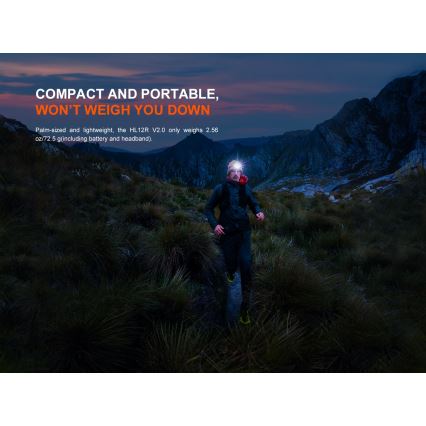 Fenix HL12RV20BLC - Dimmable USB-rechargeable LED headlamp, 950 mAh, IP66, 500 lm, 112 h runtime, black